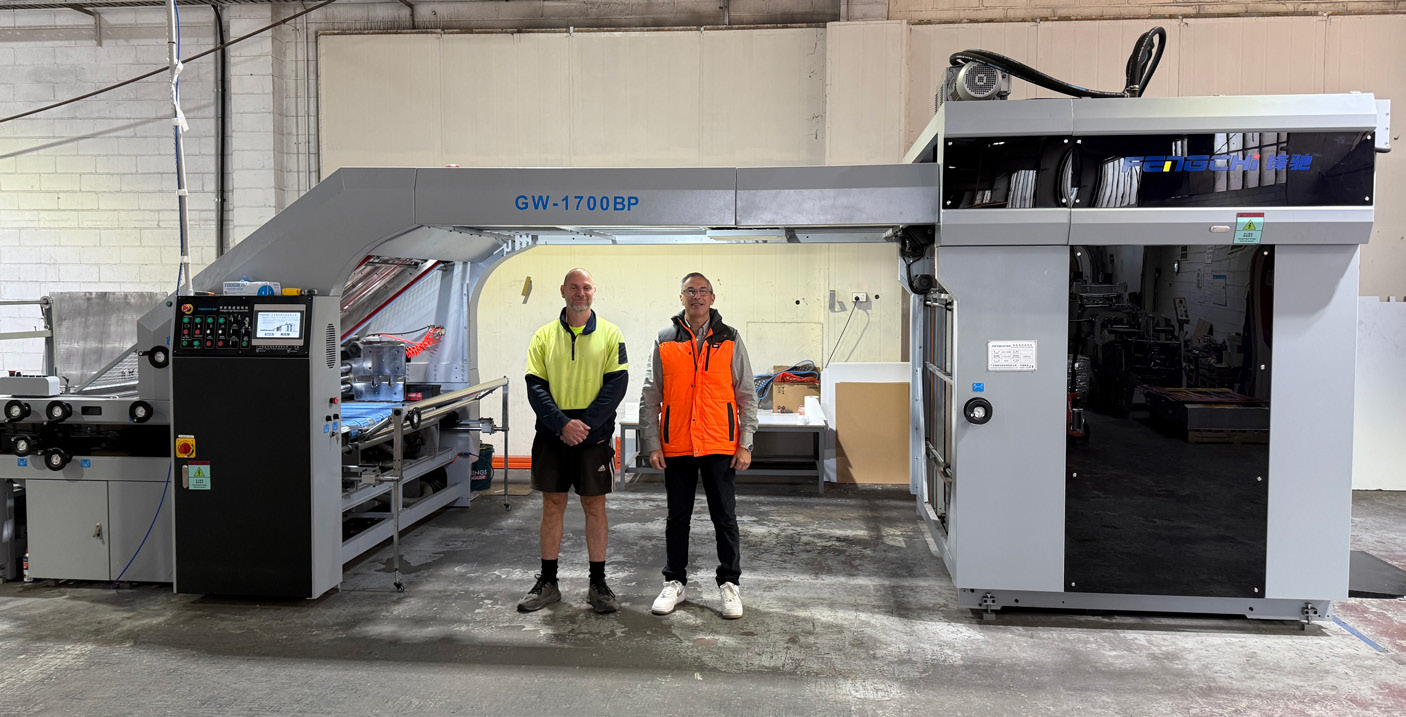 (l-r) PMS Lithography’s Ermano Destito and Theo Prosenica with the Fengchi GW1700 litho laminating machine