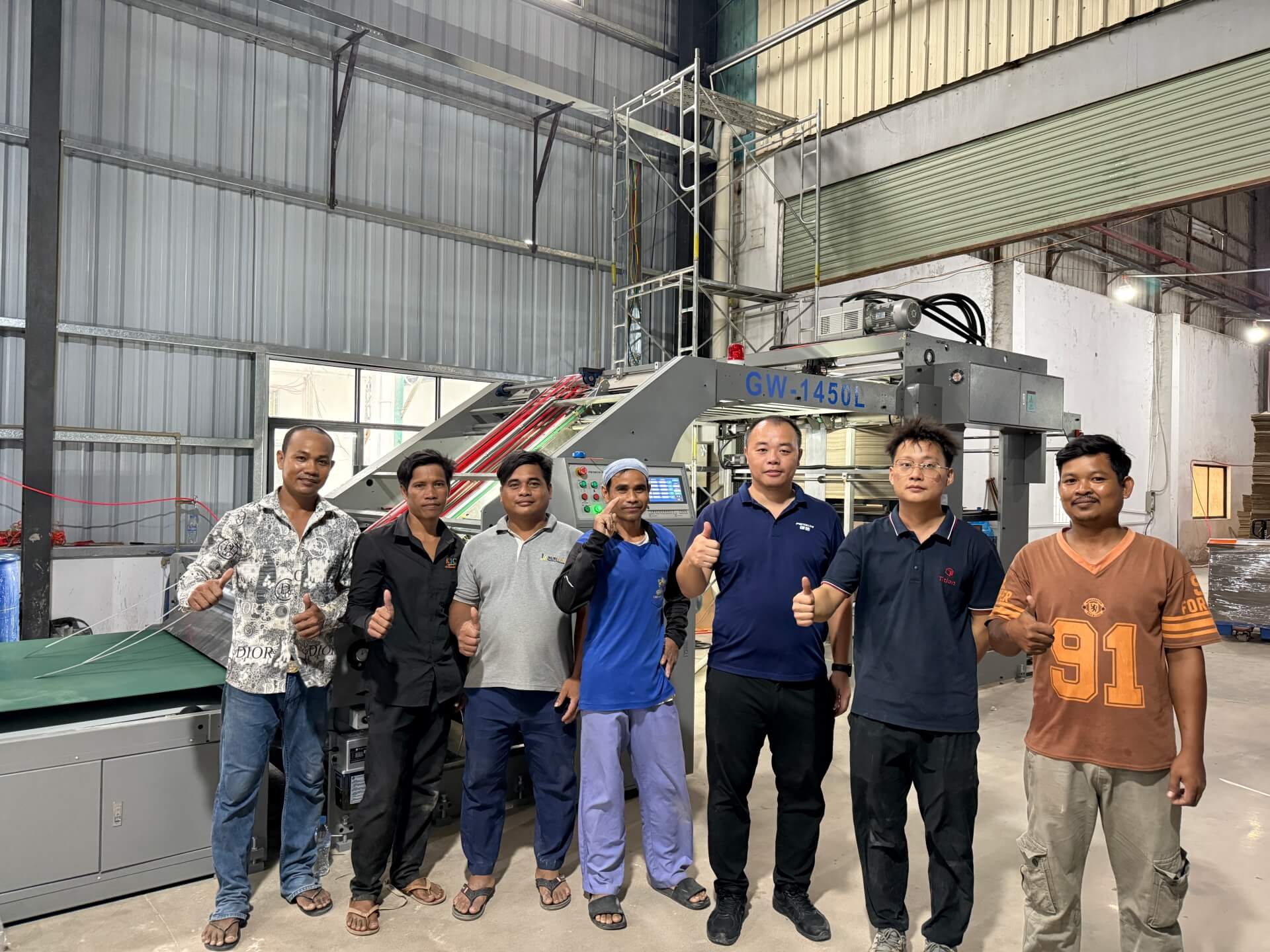 Case Study Successful Installation of the FENGCHI GW-1450L High-Speed Flute Laminator with Flip Flop Stacker in Cambodia.